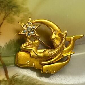 Kirks Folly Mermaid Whale Brooch Pin Star AB Crystals Gold Pin